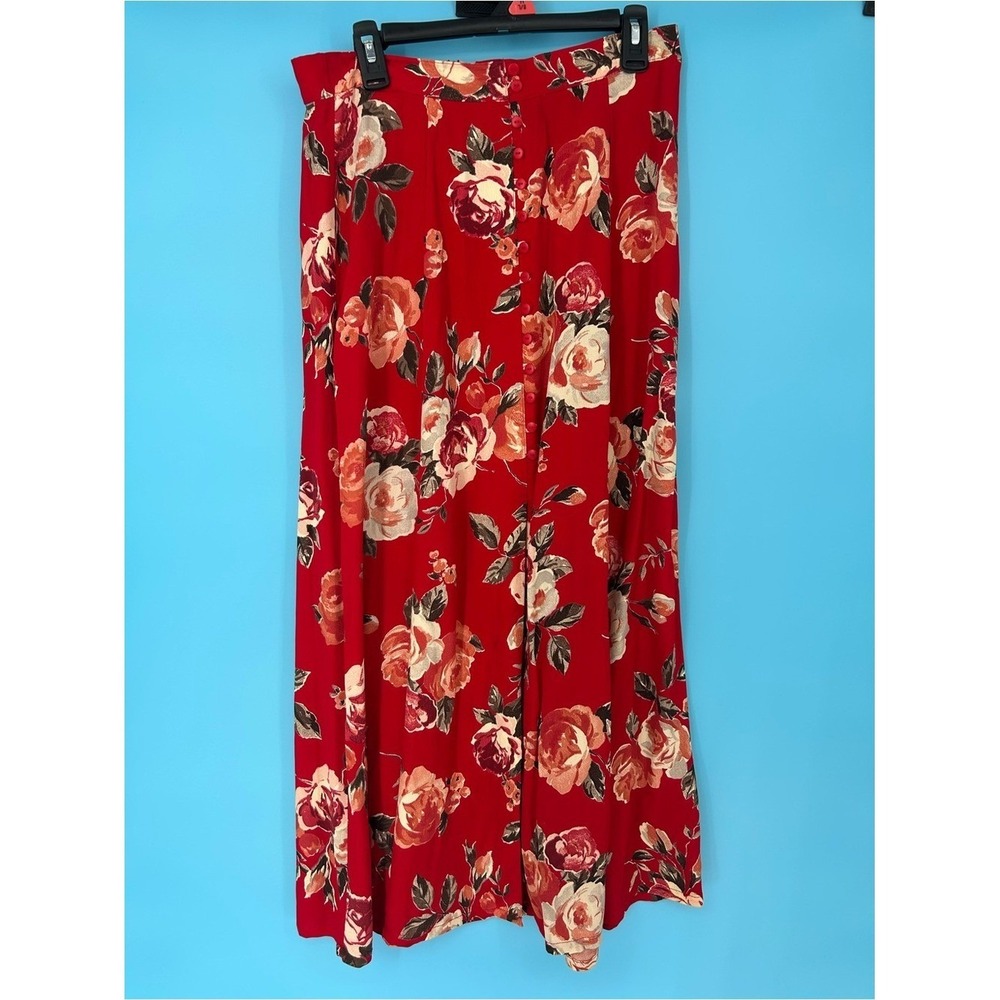 Express‎ Red Floral Maxi Skirt with Cream & Green Accents
